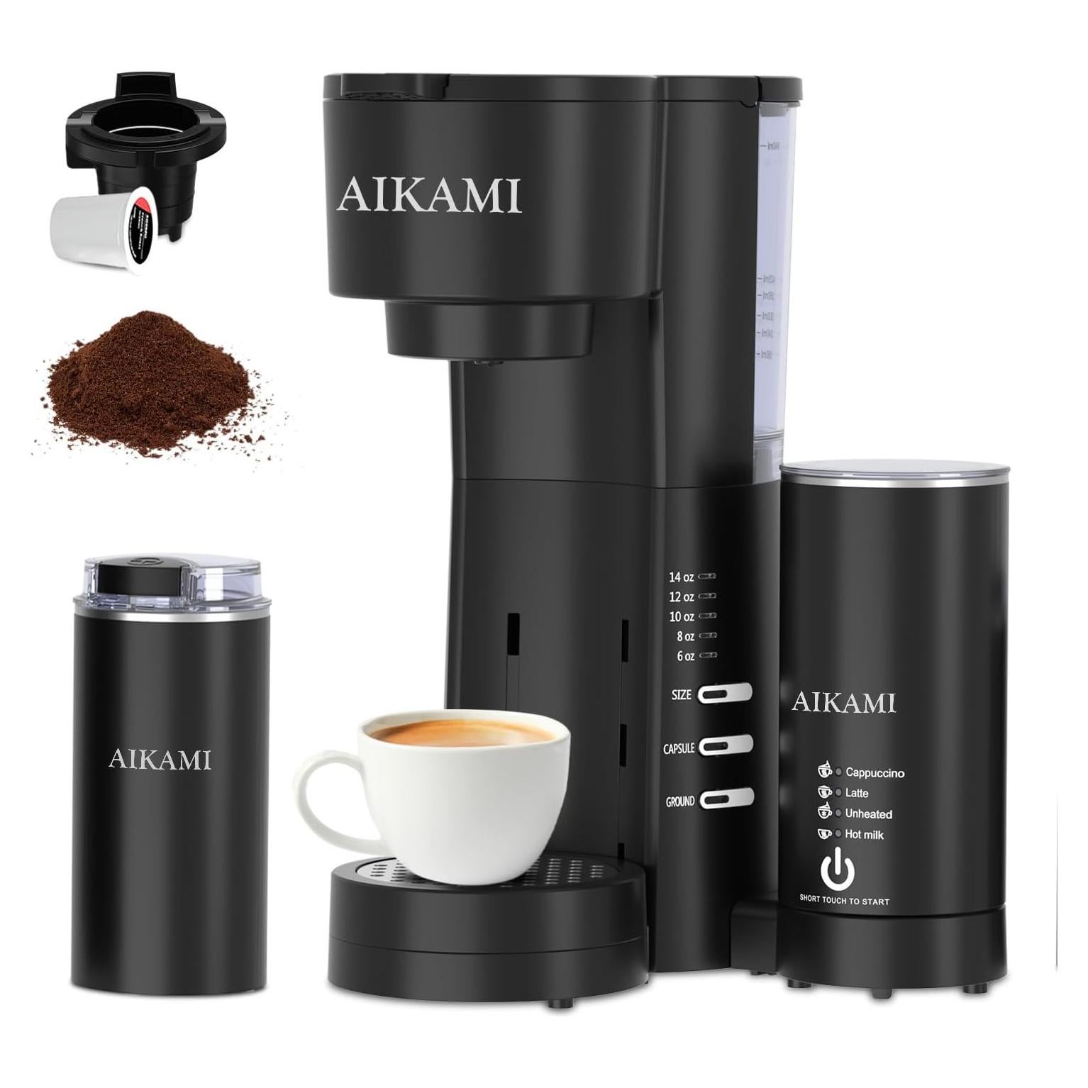 Cafetera AIKAMI 4 en 1 con Molinillo y Espumador, 0.89 L