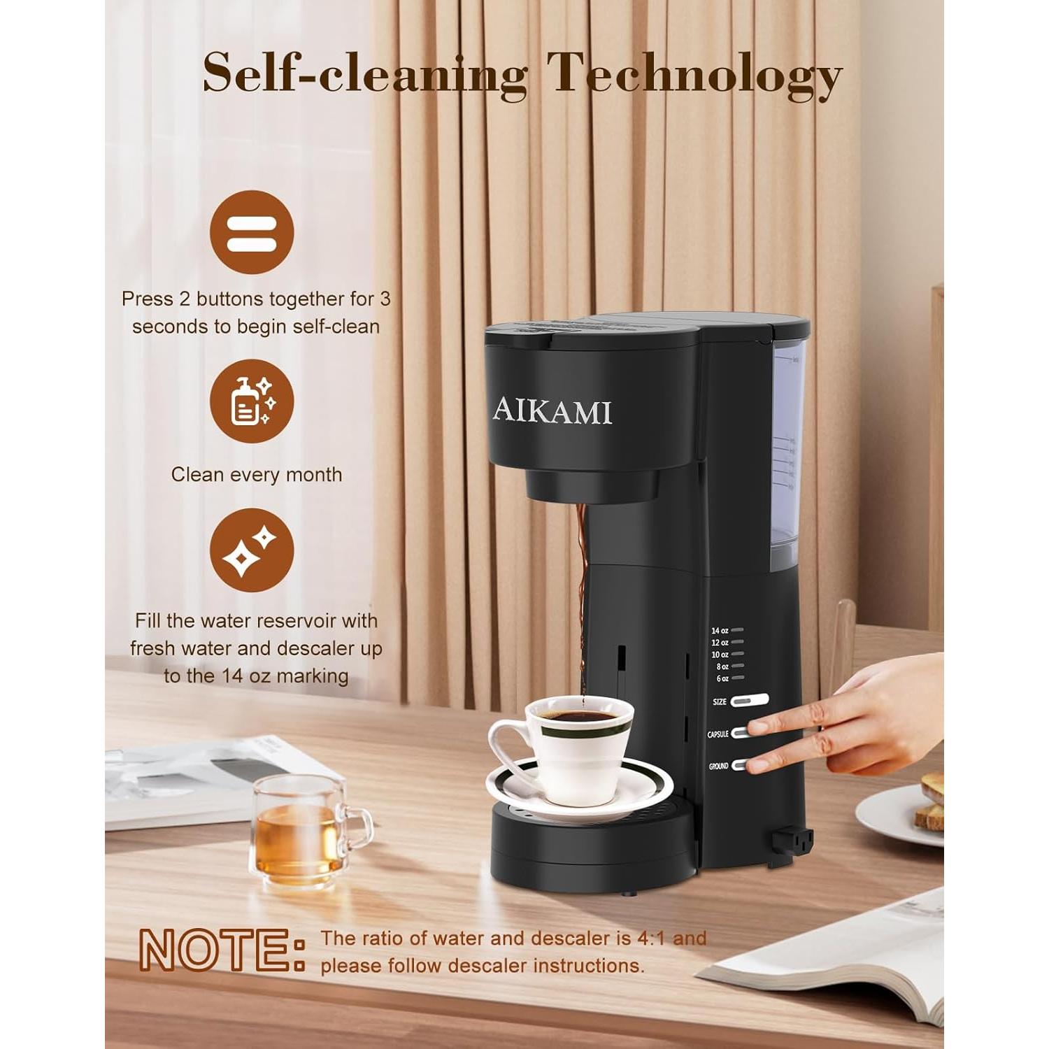 Cafetera AIKAMI 4 en 1 con Molinillo y Espumador, 0.89 L