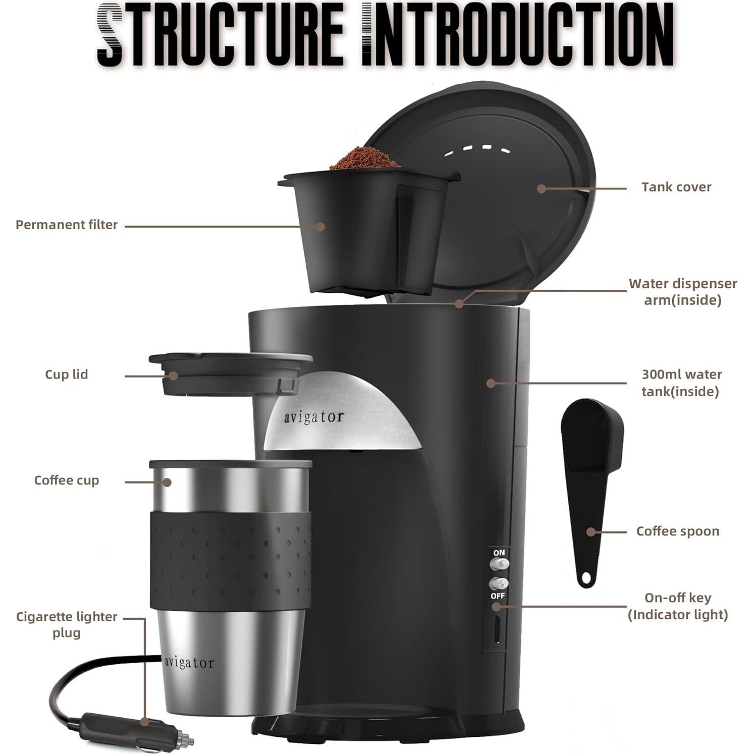 Cafetera Portátil Avigator 12V para Coche - 1 Taza 295ml