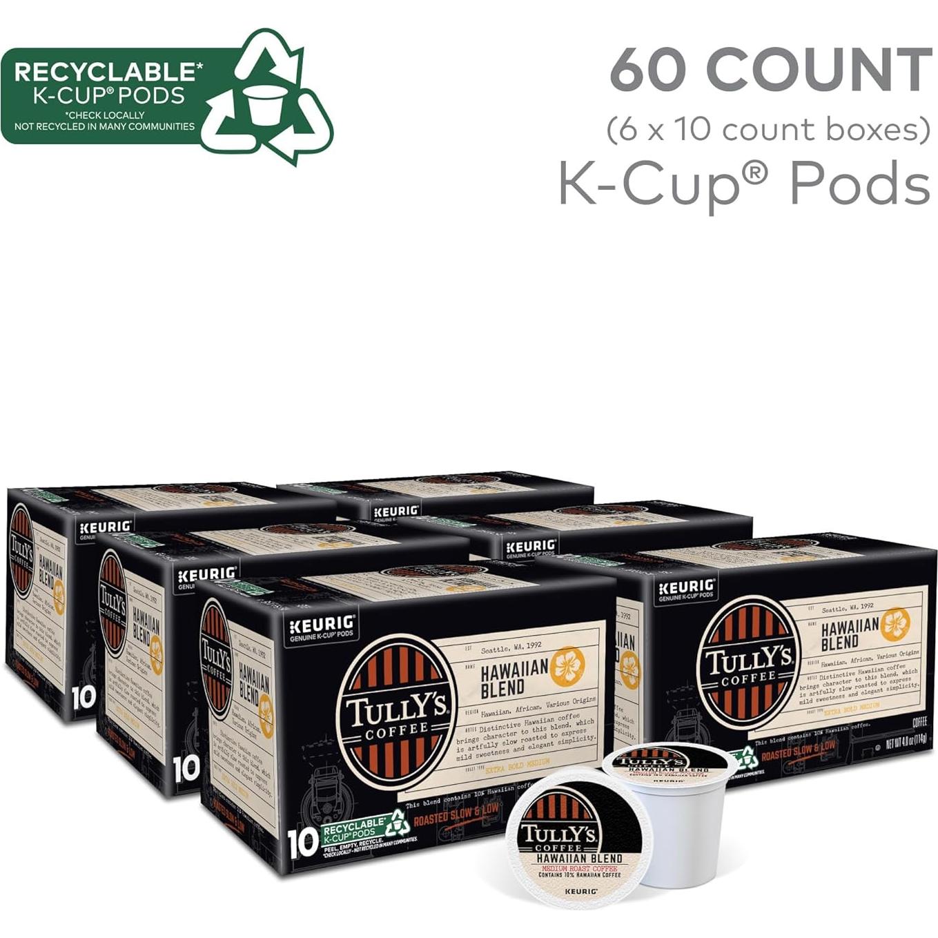 Cápsulas K-Cup Tully's Coffee Mezcla Hawaiana Tostado Medio 60 Unidades
