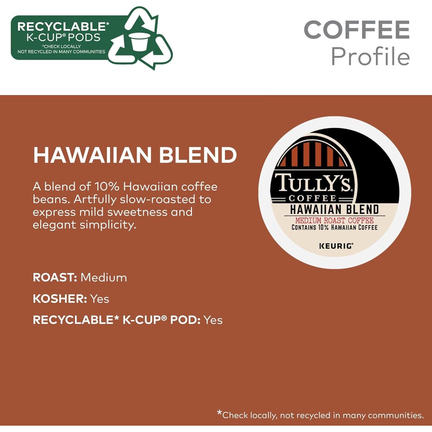 Cápsulas K-Cup Tully's Coffee Mezcla Hawaiana Tostado Medio 60 Unidades