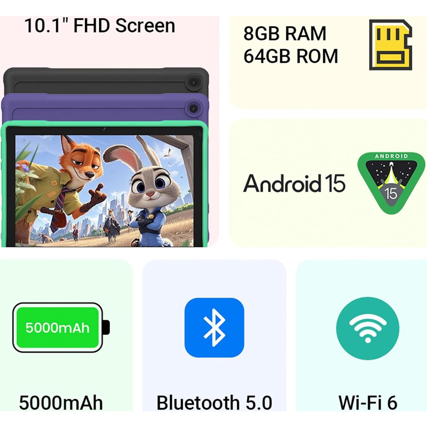 Tableta para Niños ApoloMedia 10.1" HD Android 15 64GB Verde