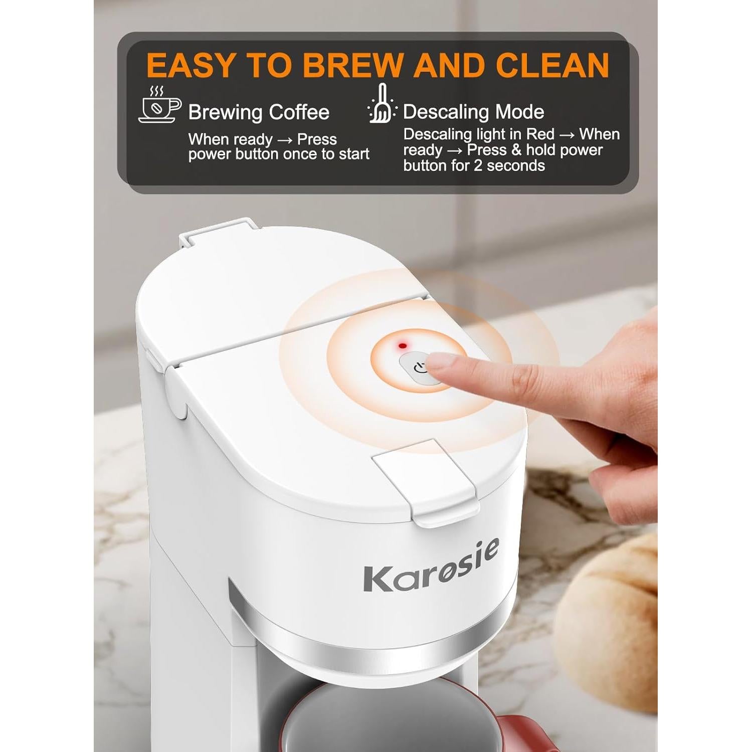 Máquina de café Karosie blanca 1 taza K-Cup y molido 177-355 ml