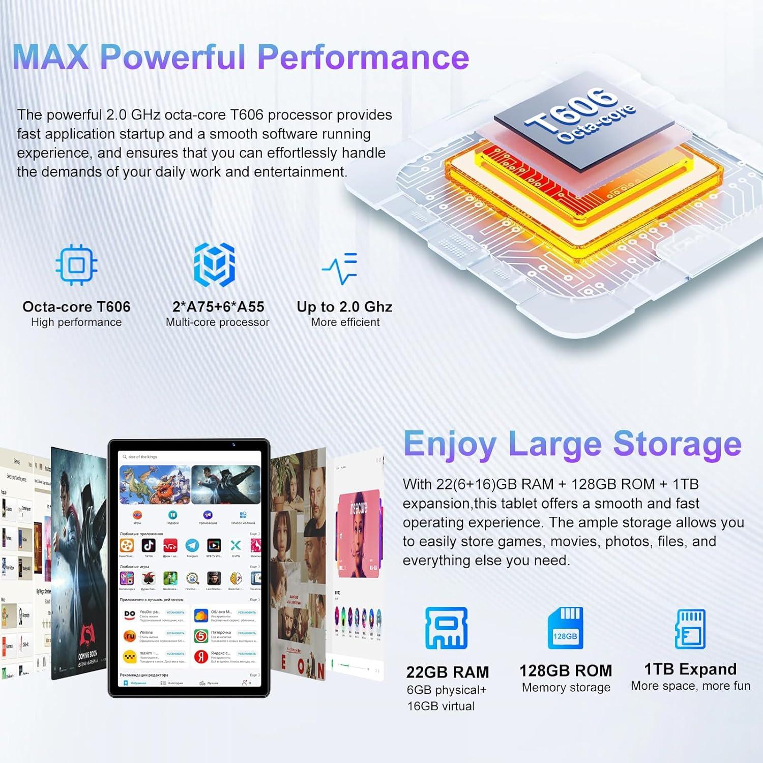 Tableta Android 14 JUEDUR R500 10.1" 22GB+128GB 8000mAh Azul