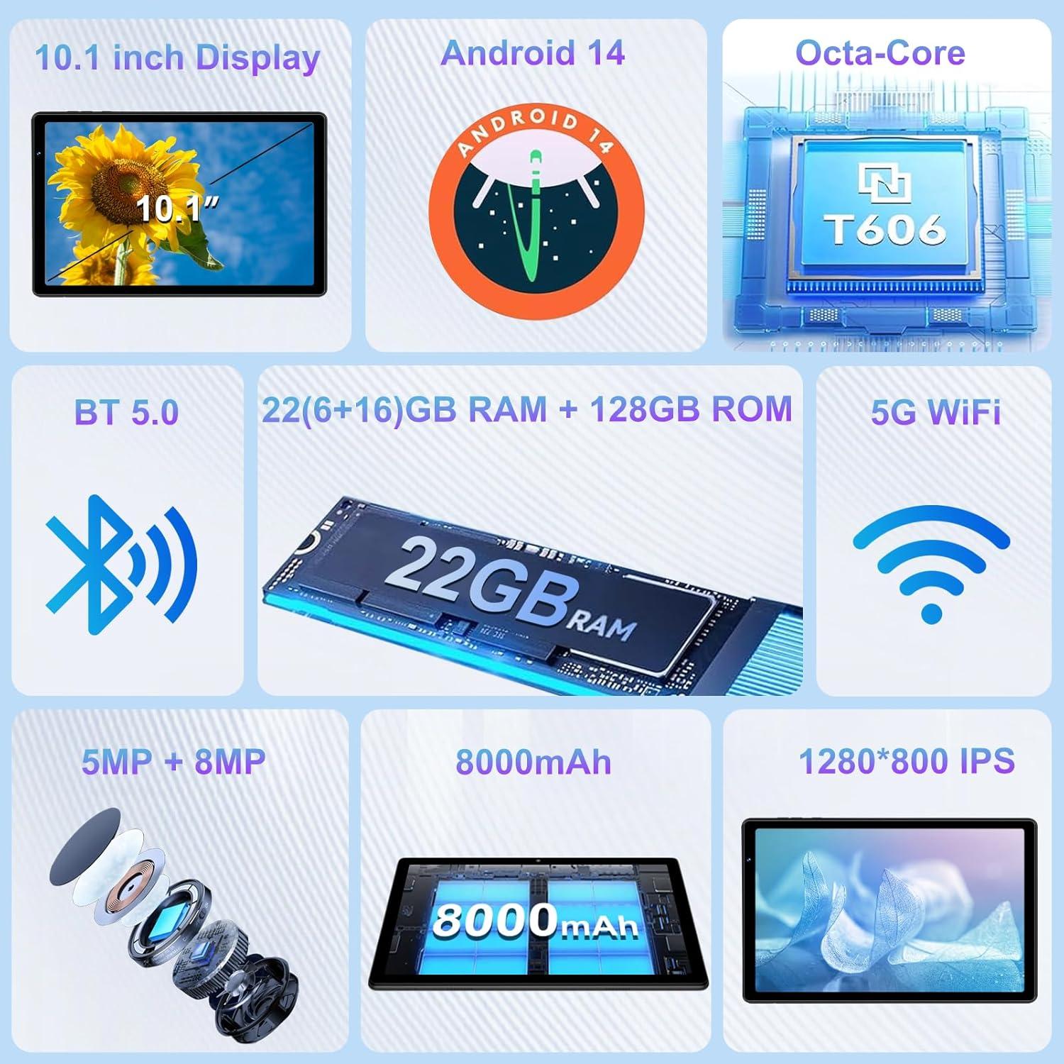 Tableta Android 14 JUEDUR R500 10.1" 22GB+128GB 8000mAh Azul