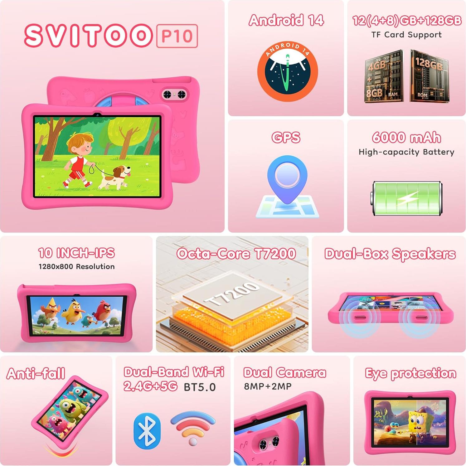 Tableta Android 14 para Niños SVITOO P10PKIDS 10" Rosa
