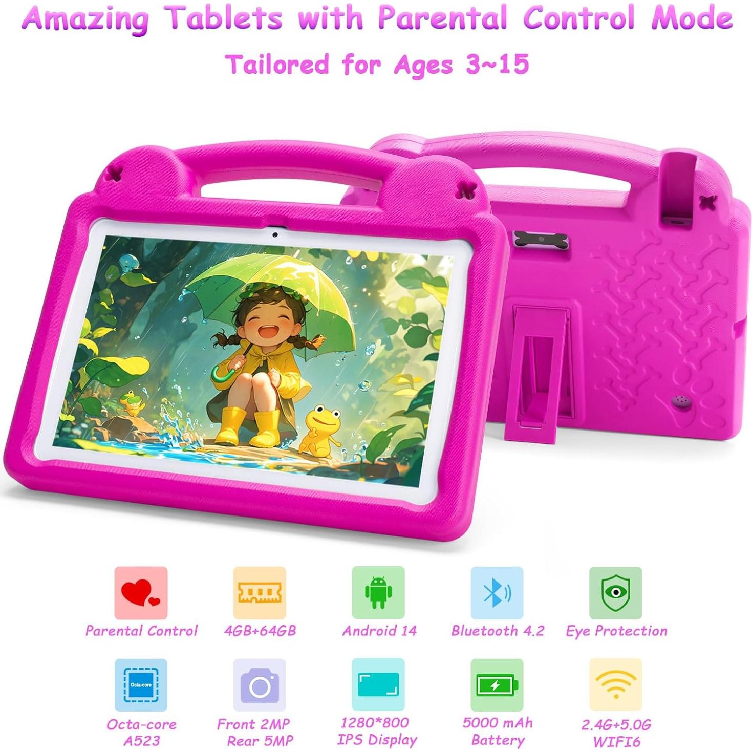 Tableta para Niños Ruufuuxy 10.1" Android 14, 8GB RAM, 64GB, Rosa