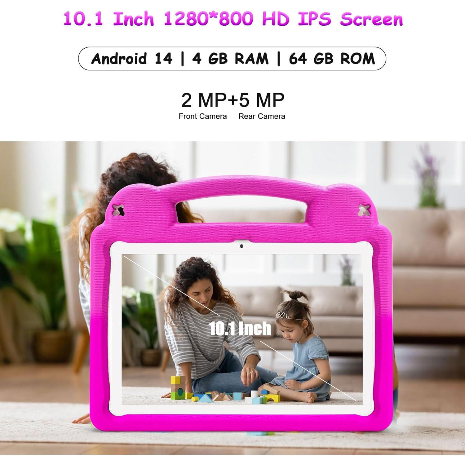 Tableta para Niños Ruufuuxy 10.1" Android 14, 8GB RAM, 64GB, Rosa