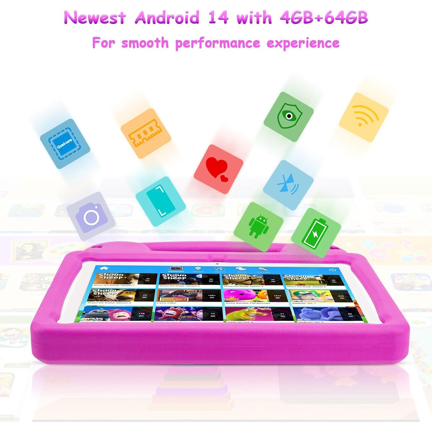 Tableta para Niños Ruufuuxy 10.1" Android 14, 8GB RAM, 64GB, Rosa