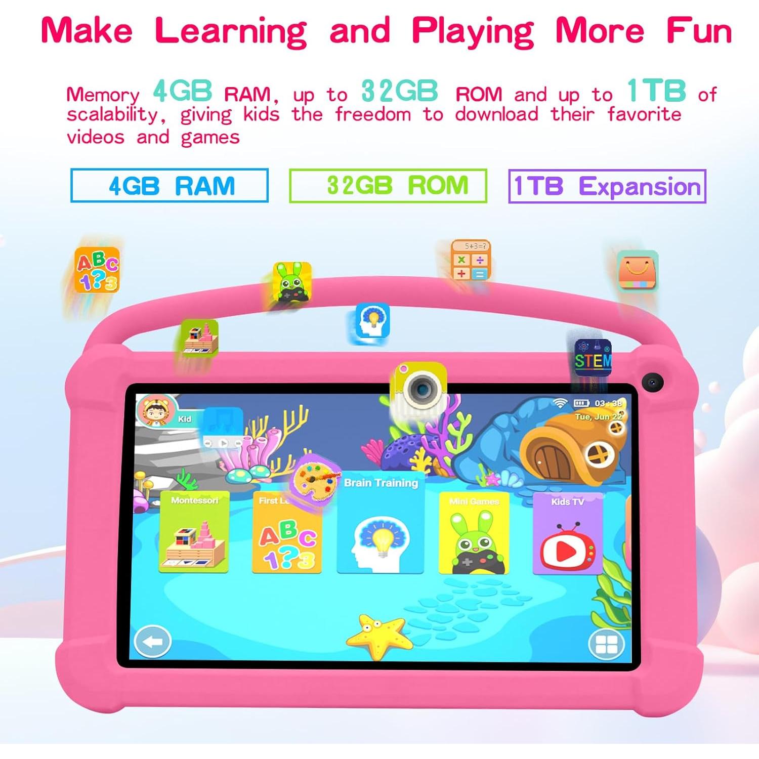 Tableta Android para Niños Bnegynng 7" Rosa 4GB RAM 32GB ROM