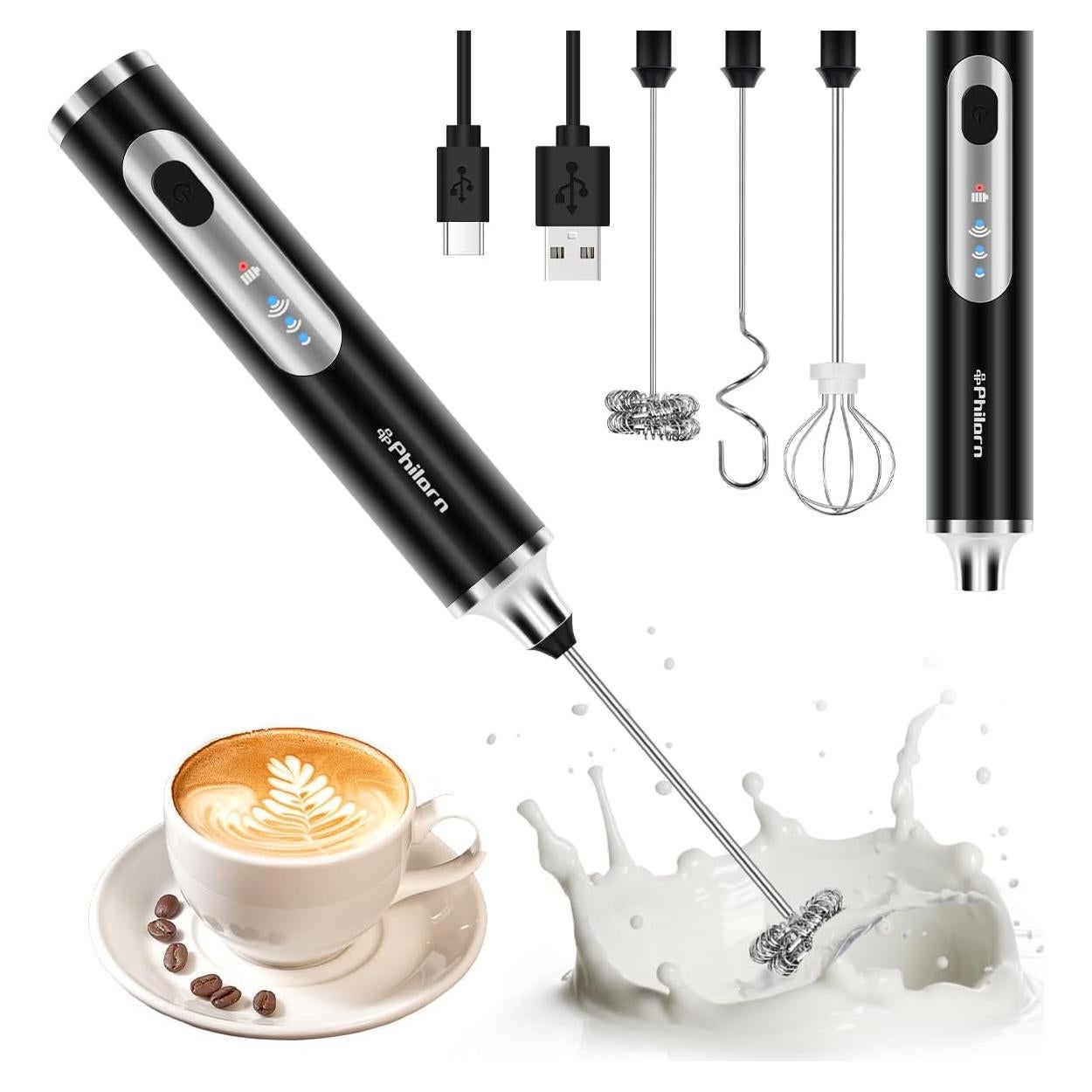 Espumador de Leche Recargable Philorn con 3 Cabezas y 3 Velocidades