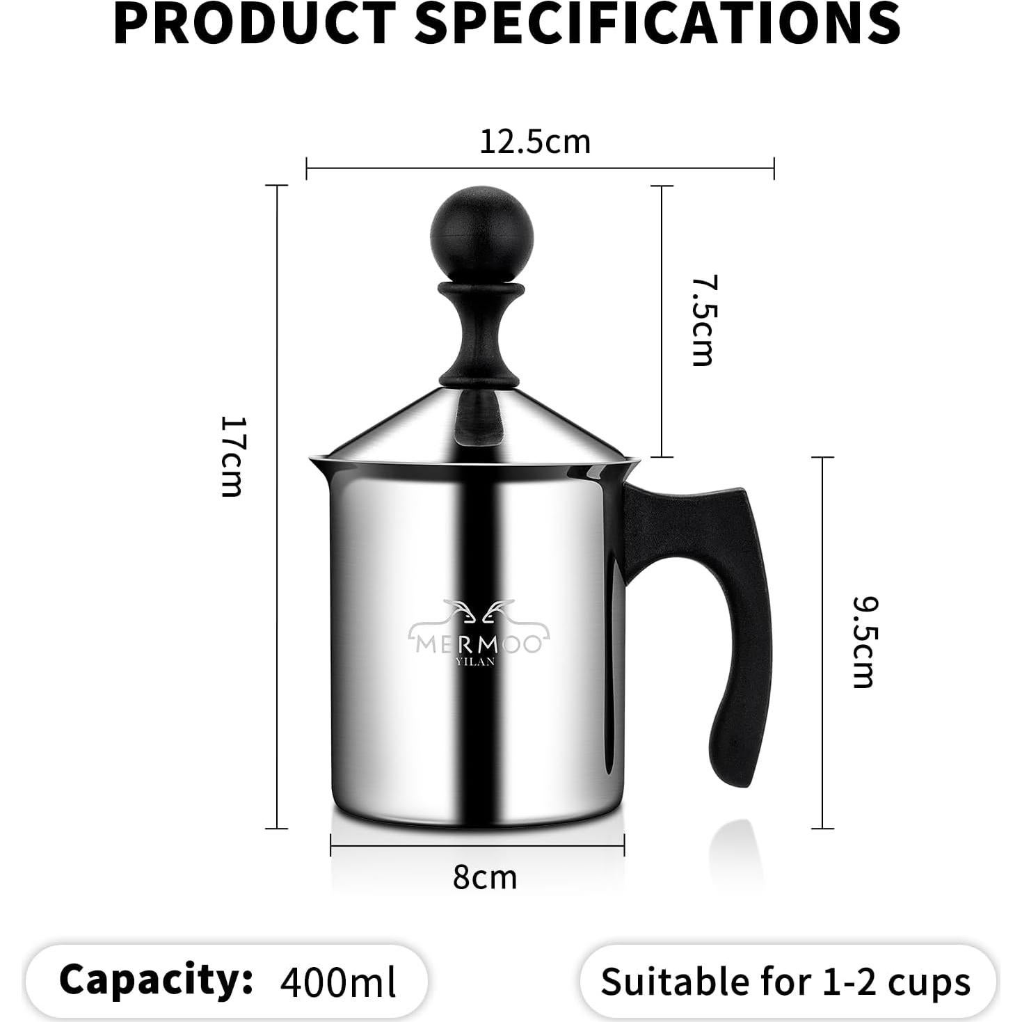 Espumador de Leche Manual 400ml MERMOO YILAN Plateado