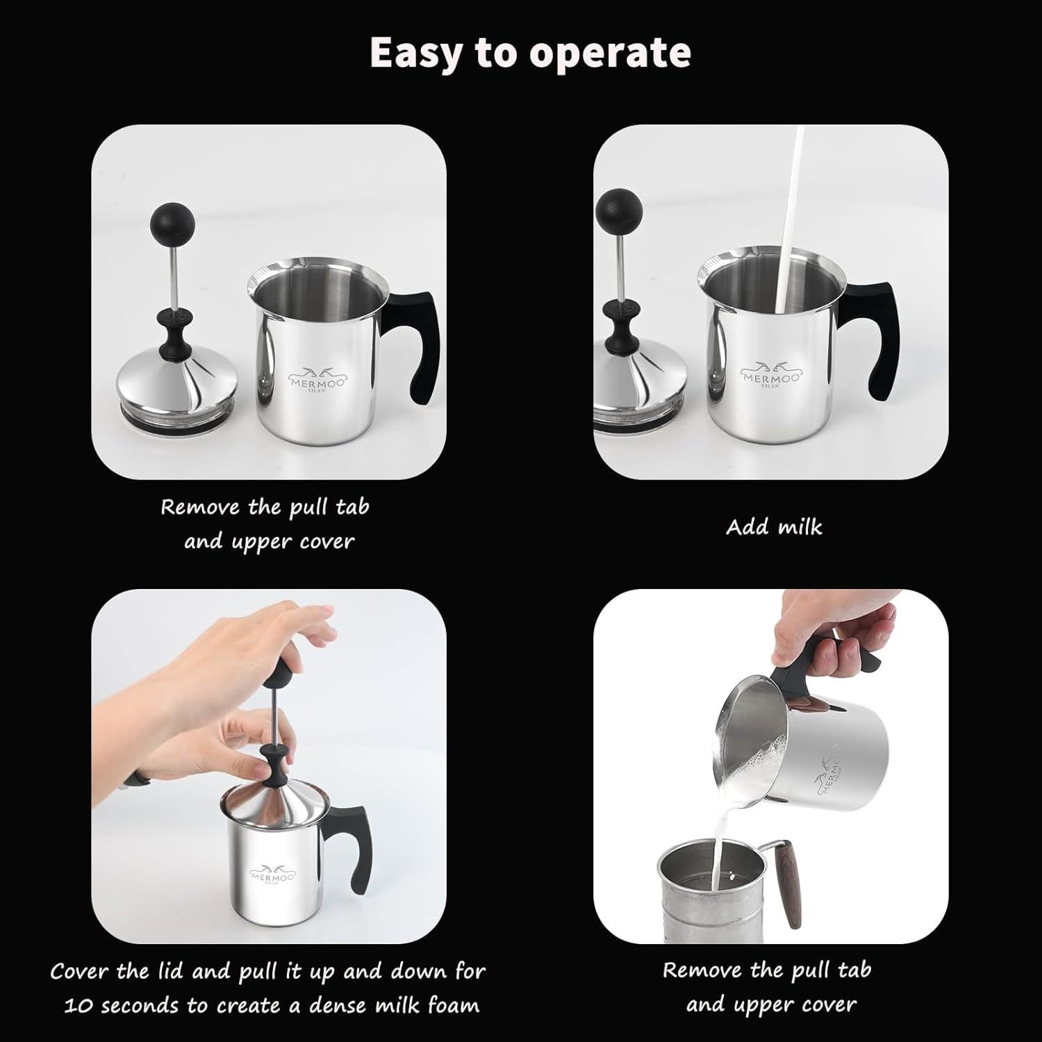 Espumador de Leche Manual 400ml MERMOO YILAN Plateado