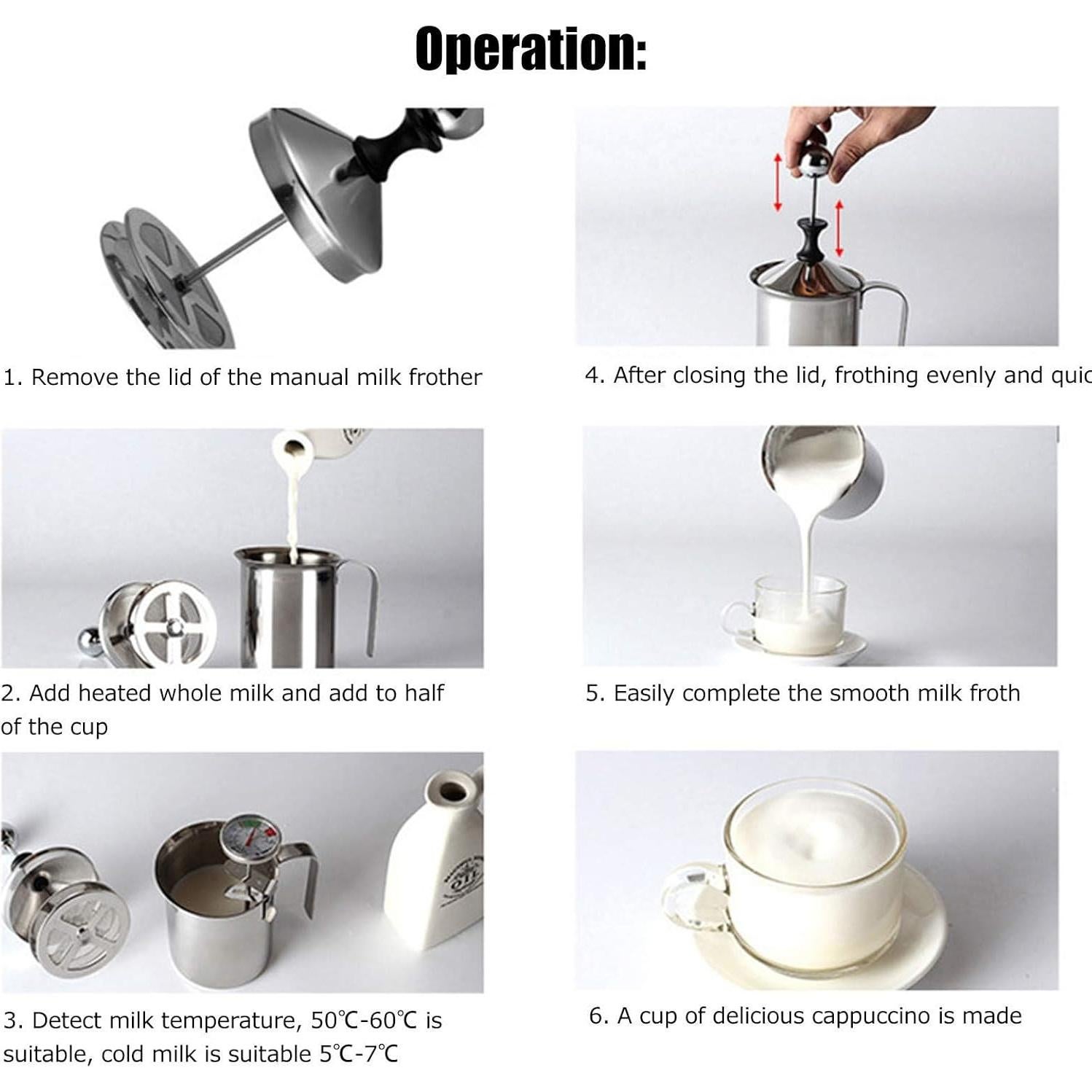 Espumador de Leche Manual HERCHR 400ml Acero Inoxidable Plata