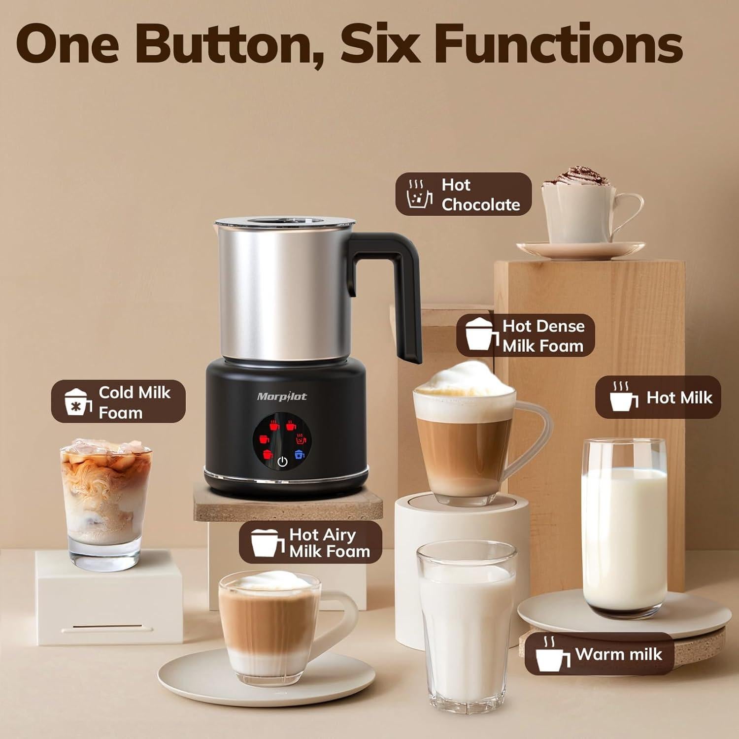 Espumador de Leche Eléctrico Morpilot 500ml 6 Funciones Acero