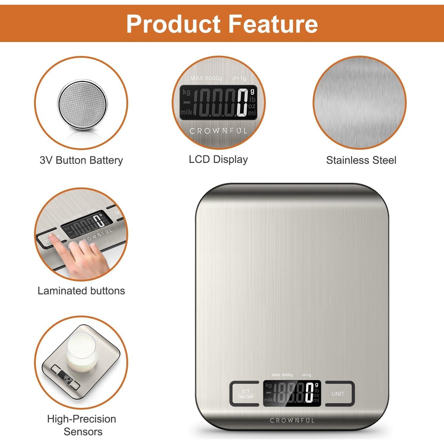 Balanza de Cocina Digital CROWNFUL 5 kg Acero Inoxidable LCD