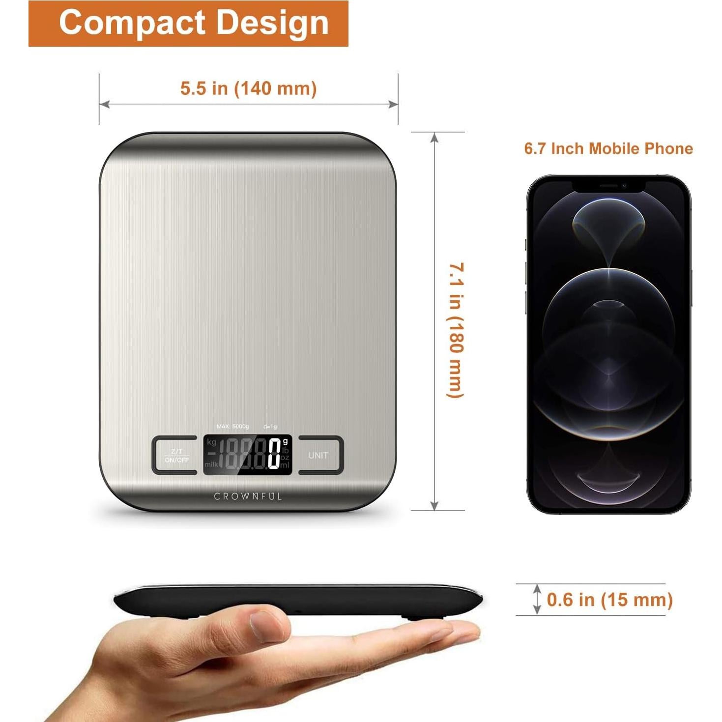 Balanza de Cocina Digital CROWNFUL 5 kg Acero Inoxidable LCD