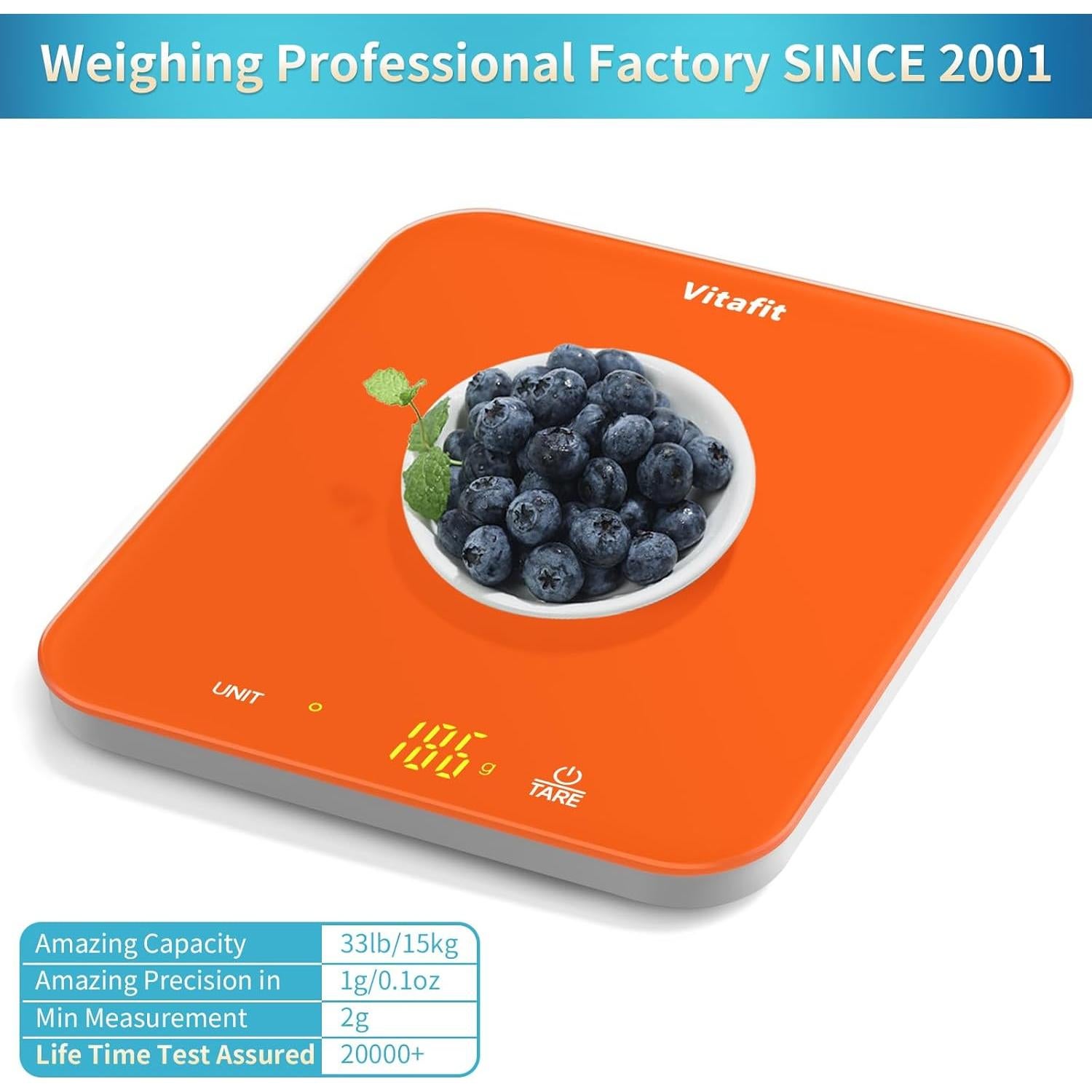Balanza Digital de Cocina Vitafit 15kg Alta Precisión LED Naranja