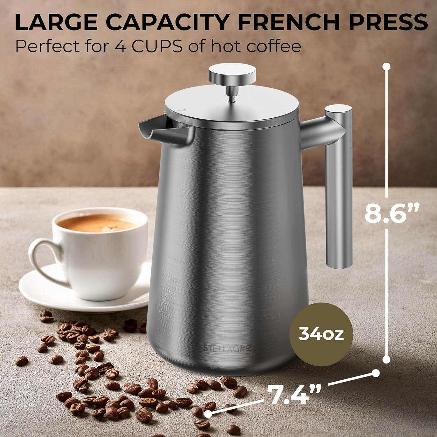 Cafetera Prensa Francesa Stellagro Acero Inoxidable 1L Doble Pared