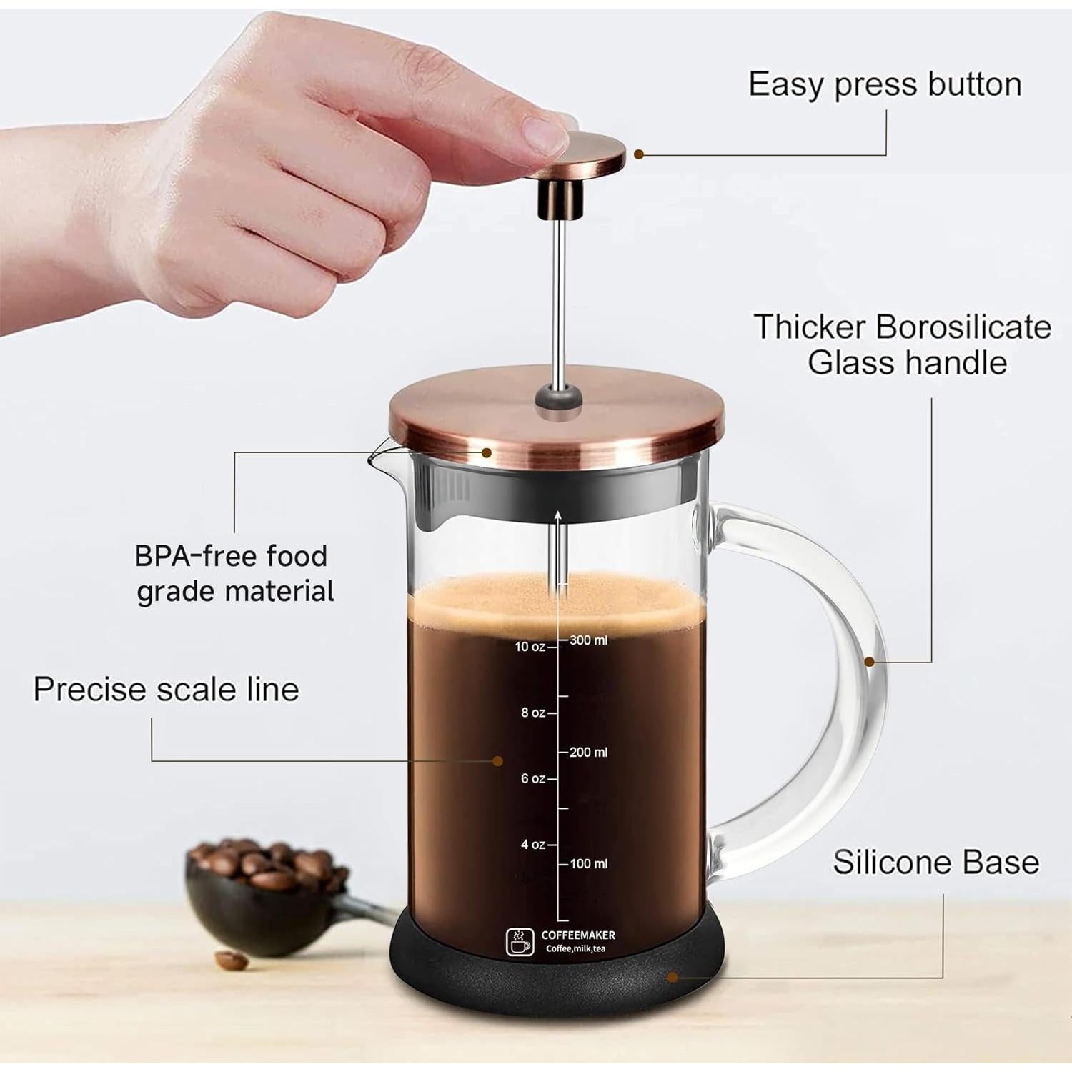 Prensa Francesa YMMIND 12oz Acero Inoxidable y Vidrio Borosilicato