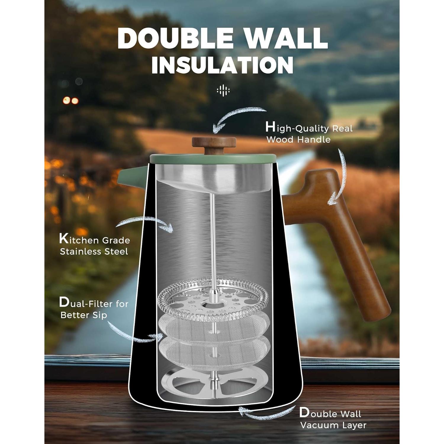 Cafetera Prensa Francesa POLIVIAR 1.0 L Acero Inoxidable Verde