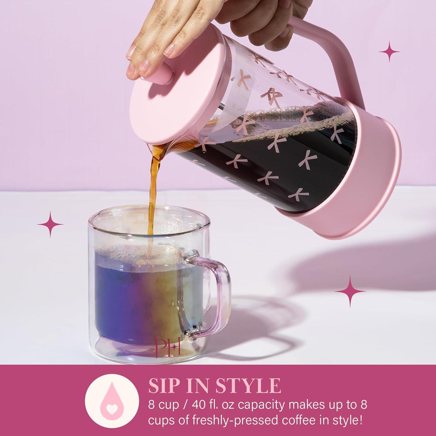 Juego de Regalo Prensa Francesa 8 Tazas y Espumador Paris Hilton Rosa