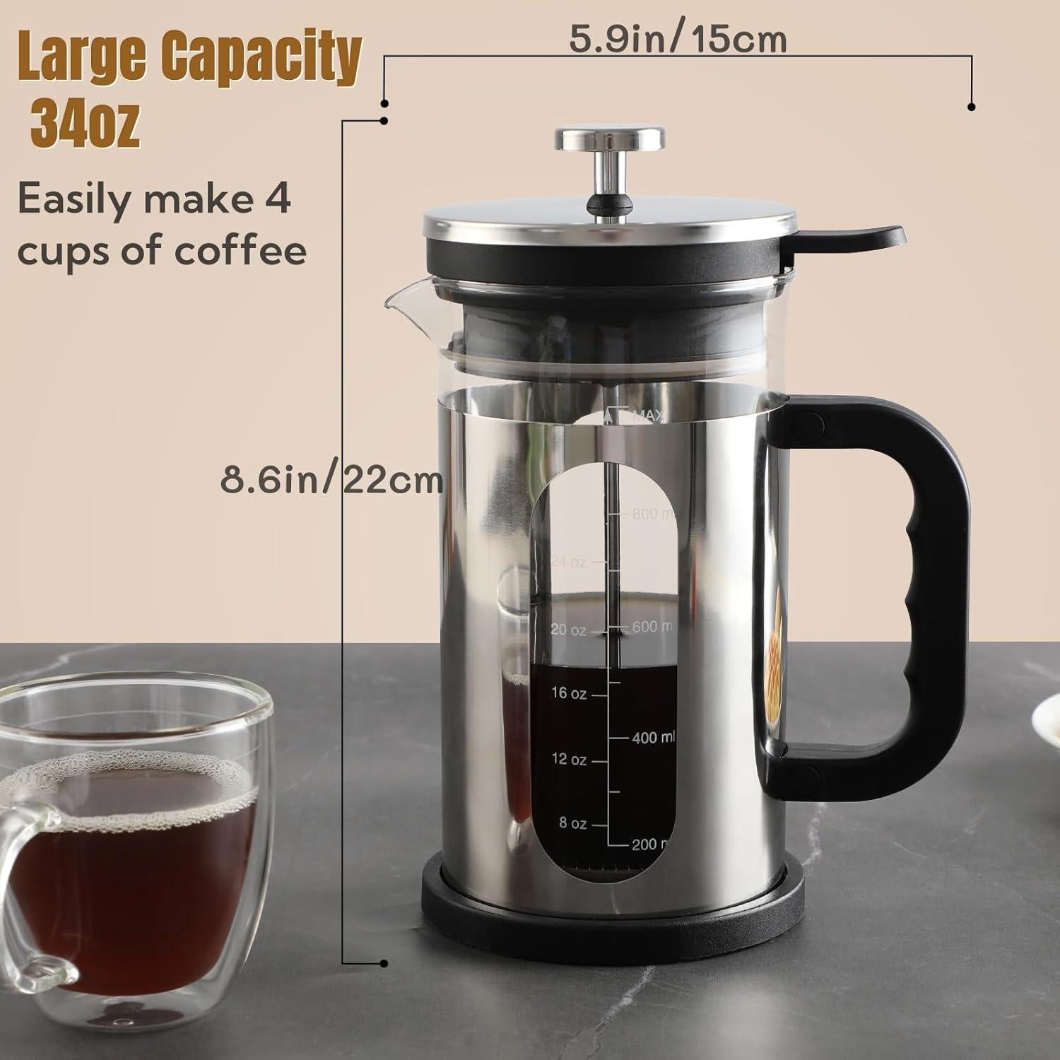 Prensa Francesa para Café CHDEXU 1000ml Vidrio y Acero Inoxidable