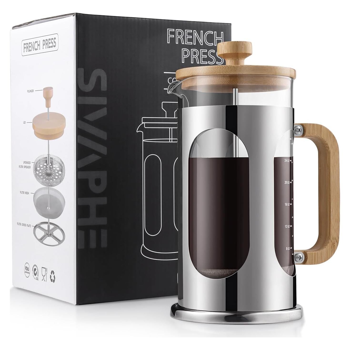 Cafetera Prensa Francesa Sivaphe 1000 ml Vidrio y Bambú