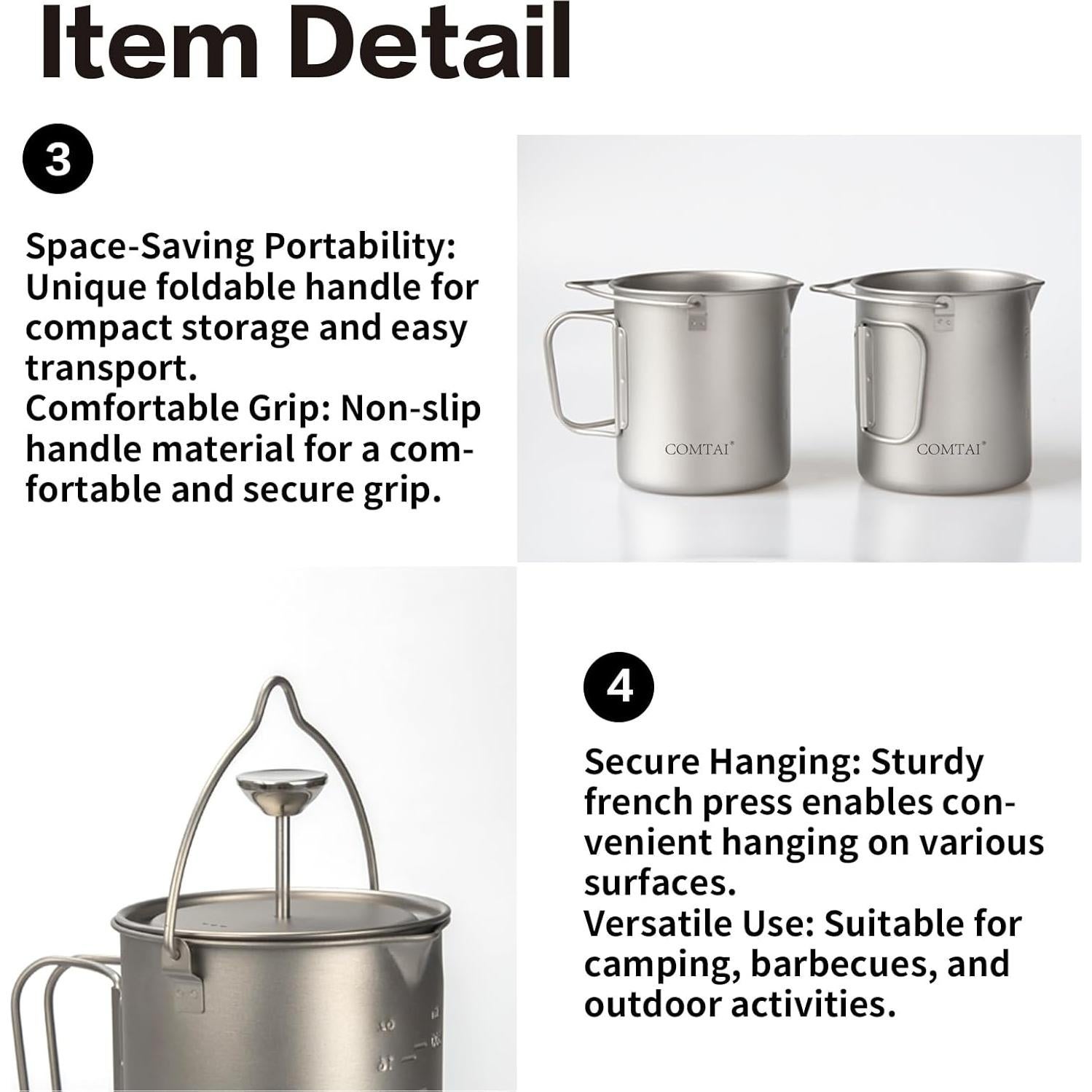 Cafetera Prensa Francesa Titanio COMTAI 750ml Camping