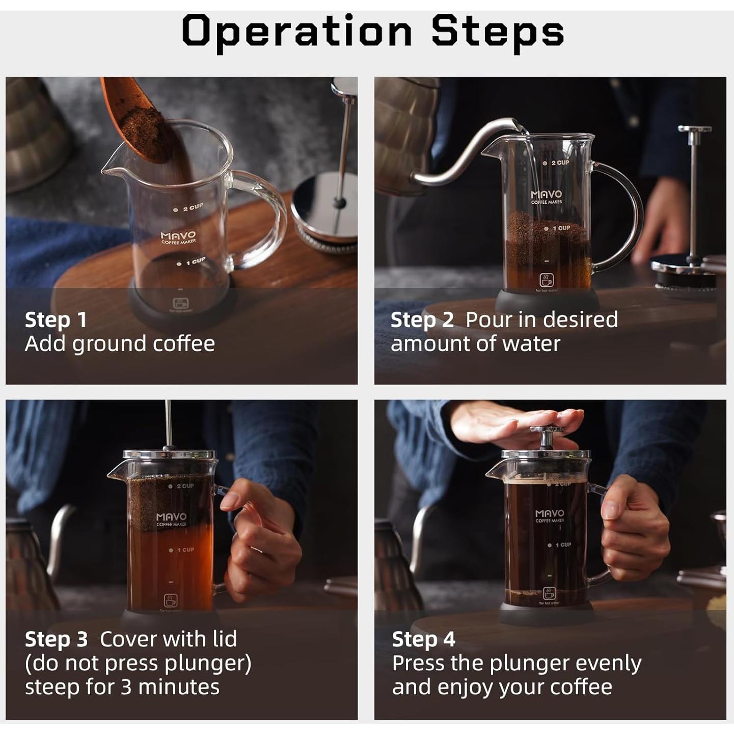 Cafetera Prensa Francesa MAVO Acero Inoxidable 350ml 2 Filtros