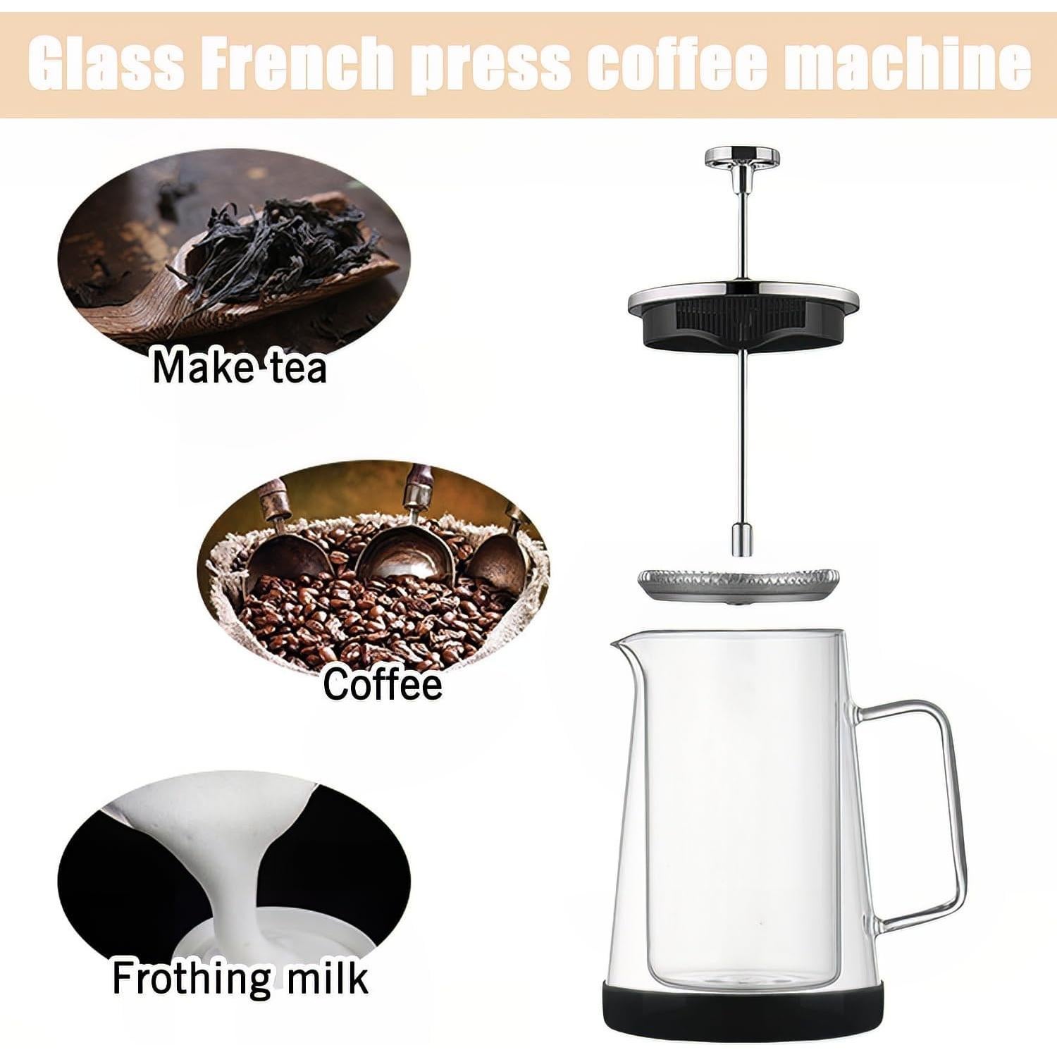 Cafetera Prensa Francesa HOOVIEN 1000ml Doble Aislante Vidrio