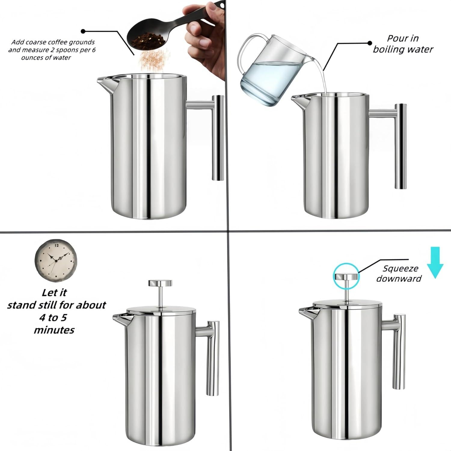 Cafetera Prensa Francesa Longtiming 0.99L Acero Inoxidable Doble Aislado