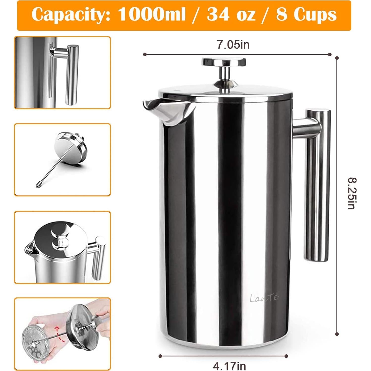 Cafetera Prensa Francesa LANTE FP-SS-01 1000ml Acero Inoxidable