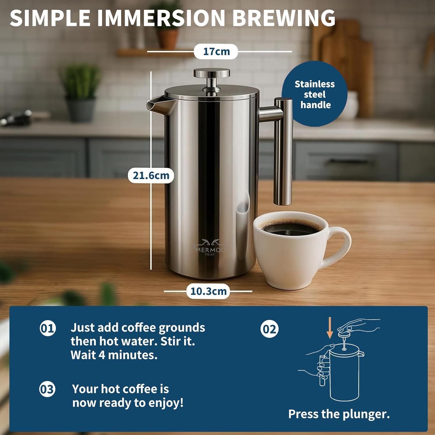 Cafetera Prensa Francesa MERMOO YILAN 1L Acero Inoxidable Plata