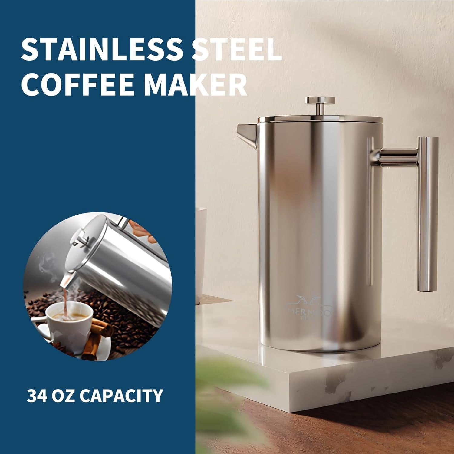 Cafetera Prensa Francesa MERMOO YILAN 1L Acero Inoxidable Plata