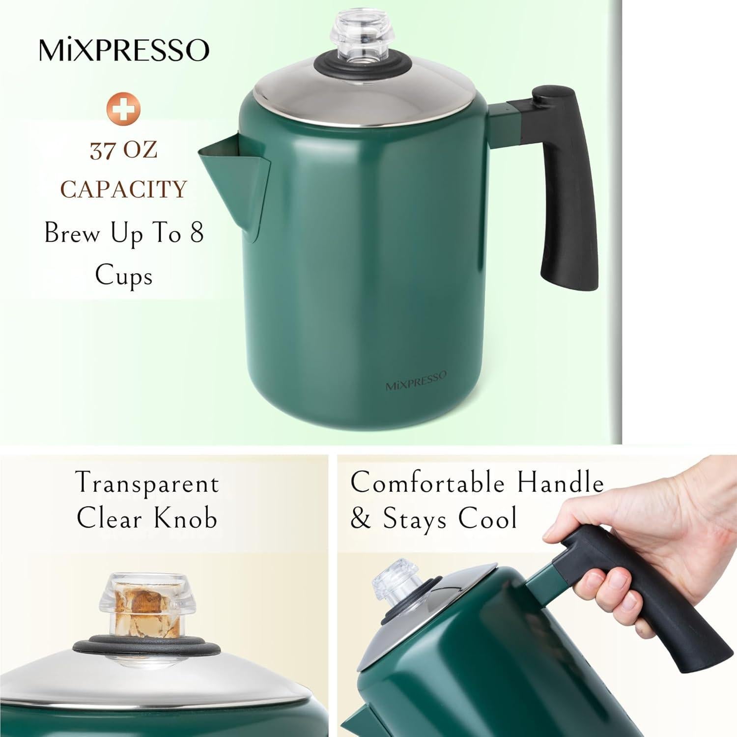 Cafetera Percoladora Mixpresso Acero Inoxidable 1.1L Verde
