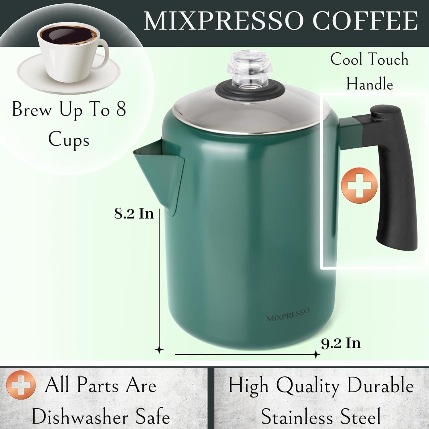 Cafetera Percoladora Mixpresso Acero Inoxidable 1.1L Verde