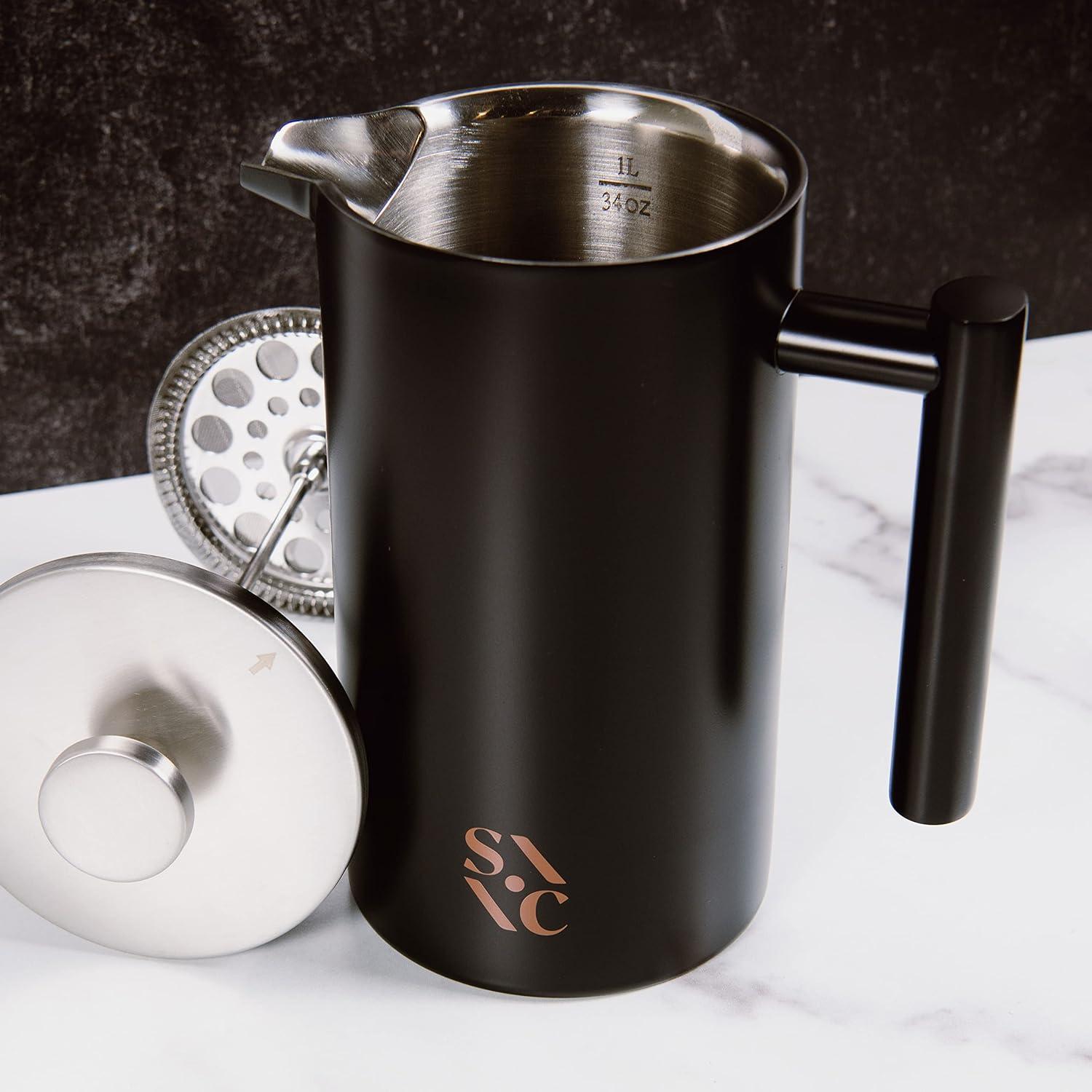 Prensa Francesa Piedra y Arcilla 1L Acero Inoxidable Negro