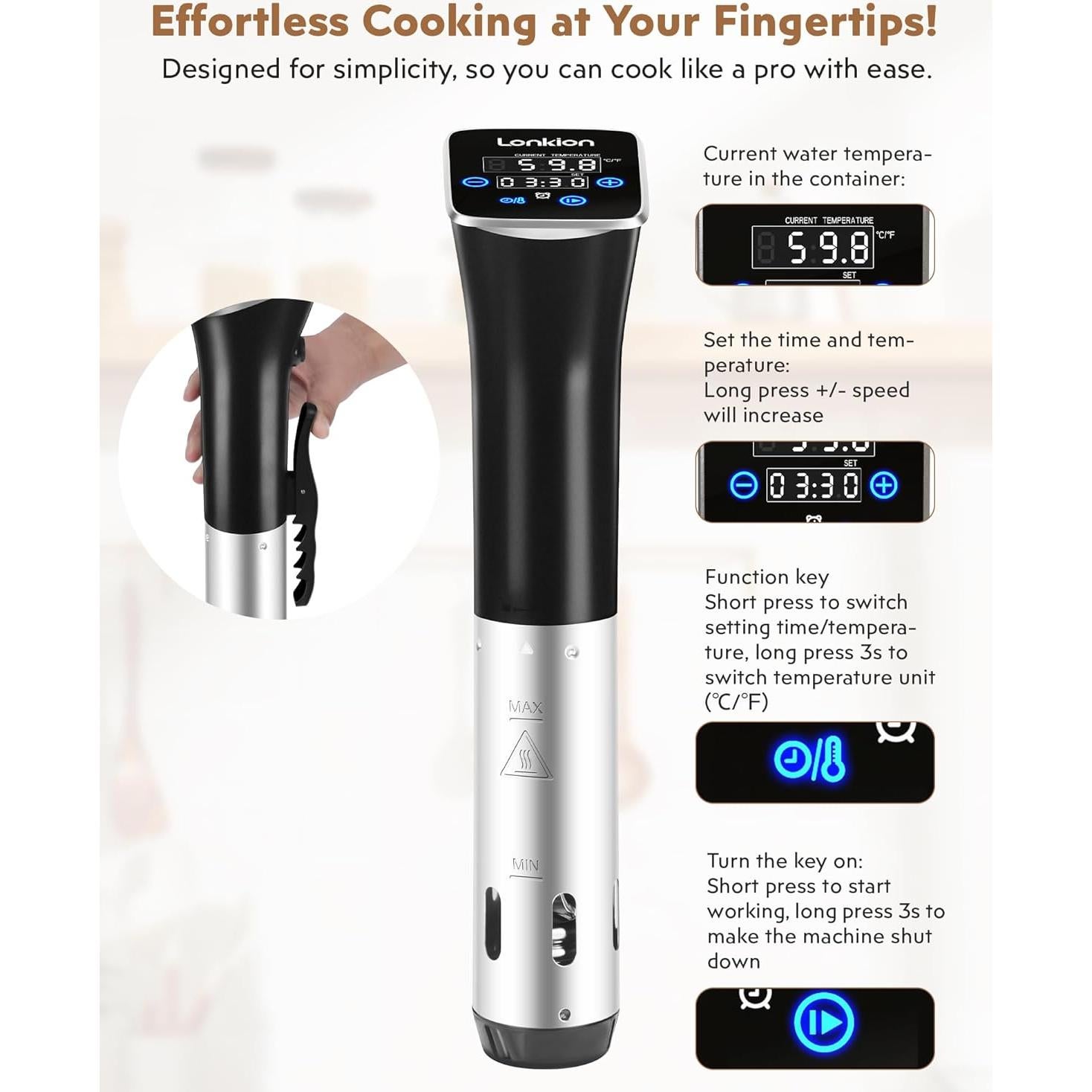 Máquina Sous Vide Lonkion 1100W Control Táctil IPX7 25-90°C