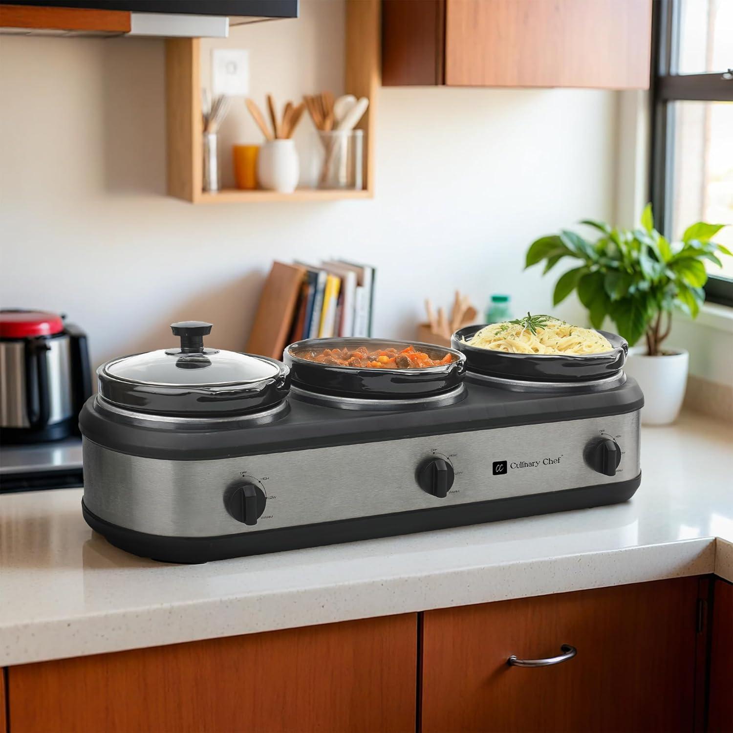 Servidor Buffet Triple Olla Lenta Frigidaire 2.37L Acero Inoxidable