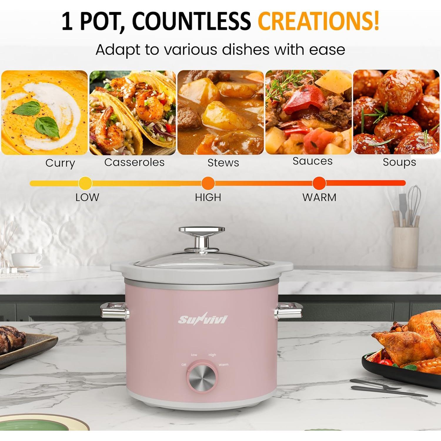 Olla de Cocción Lenta SUNVIVI 2QT Cerámica Desmontable Rosa