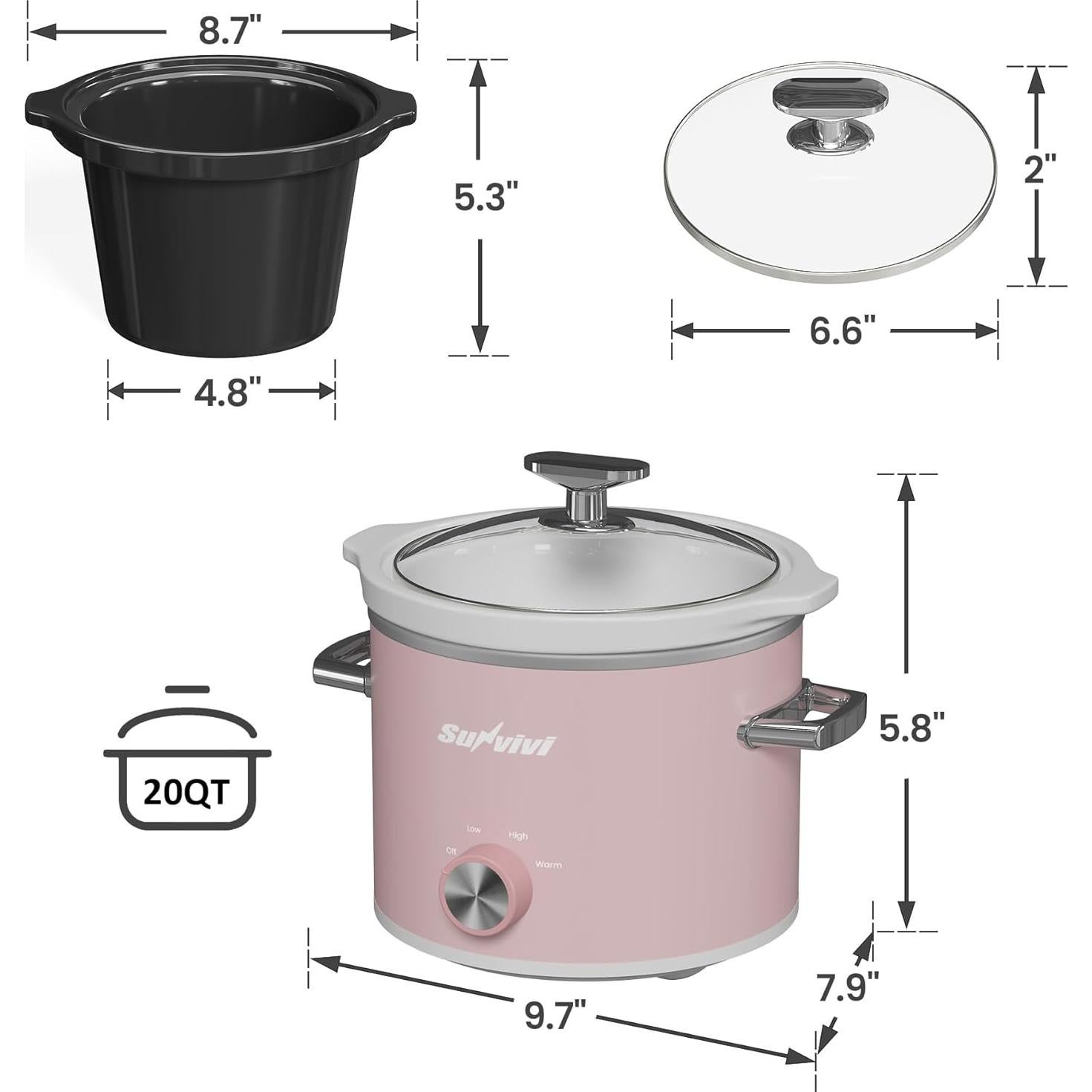 Olla de Cocción Lenta SUNVIVI 2QT Cerámica Desmontable Rosa