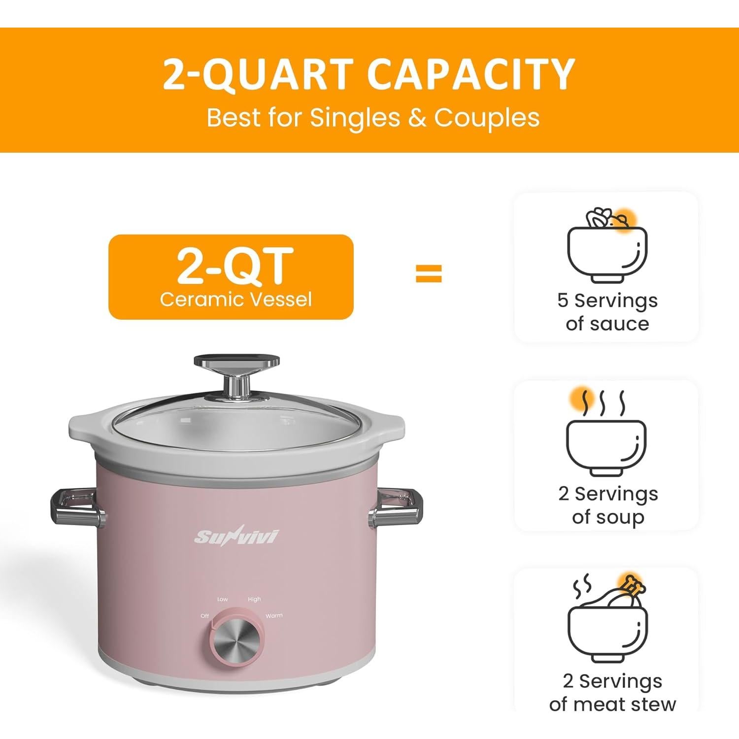 Olla de Cocción Lenta SUNVIVI 2QT Cerámica Desmontable Rosa