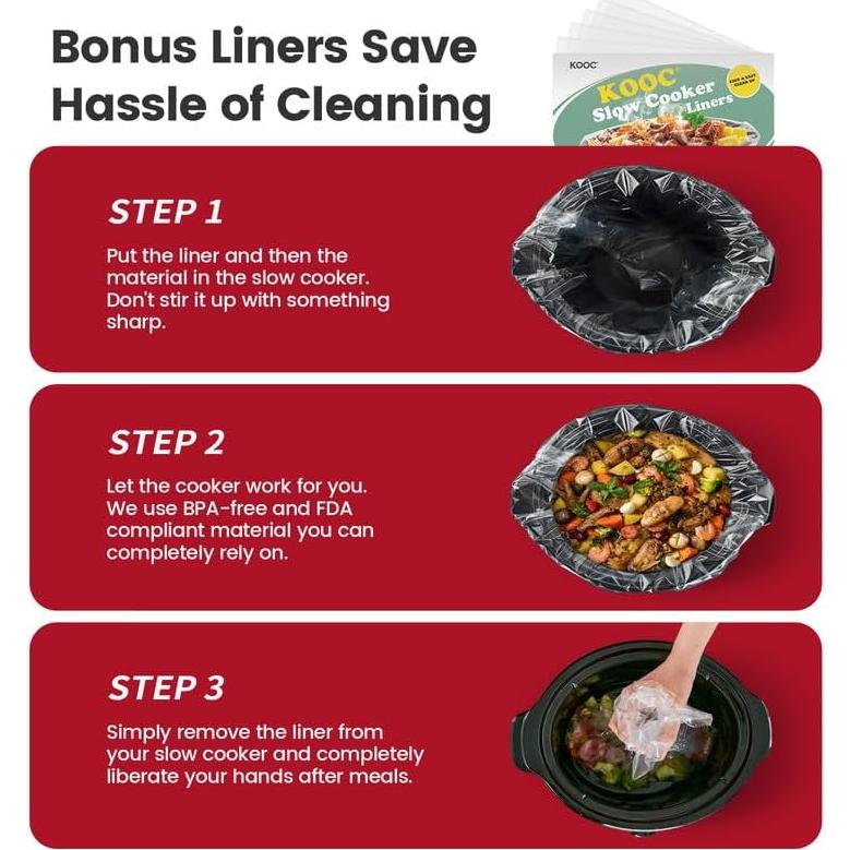 Olla de Cocción Lenta KOOC 4qt Cerámica Roja Apta Lavavajillas