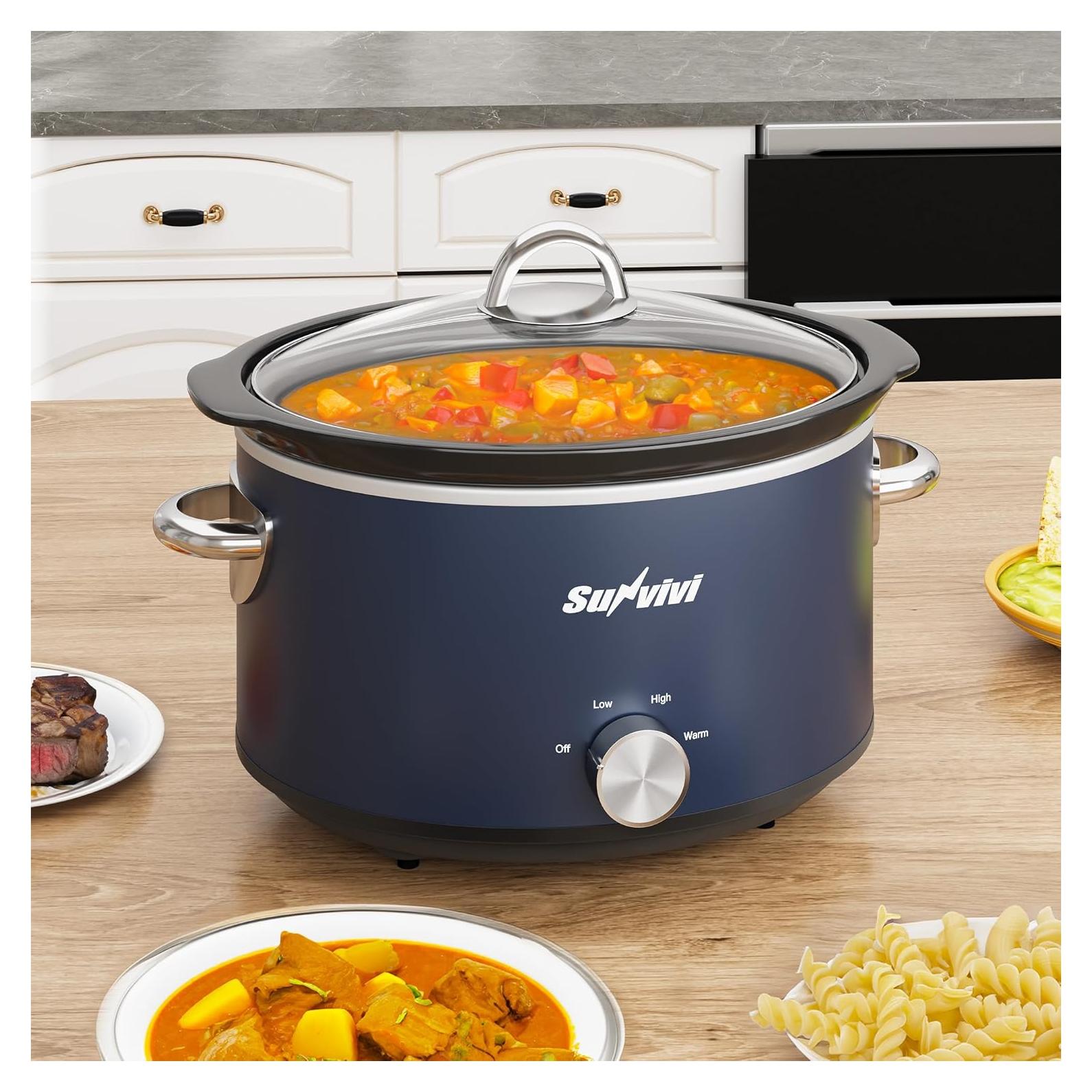 Olla de Cocción Lenta SUNVIVI 4 Cuartos Azul con Tapa de Vidrio