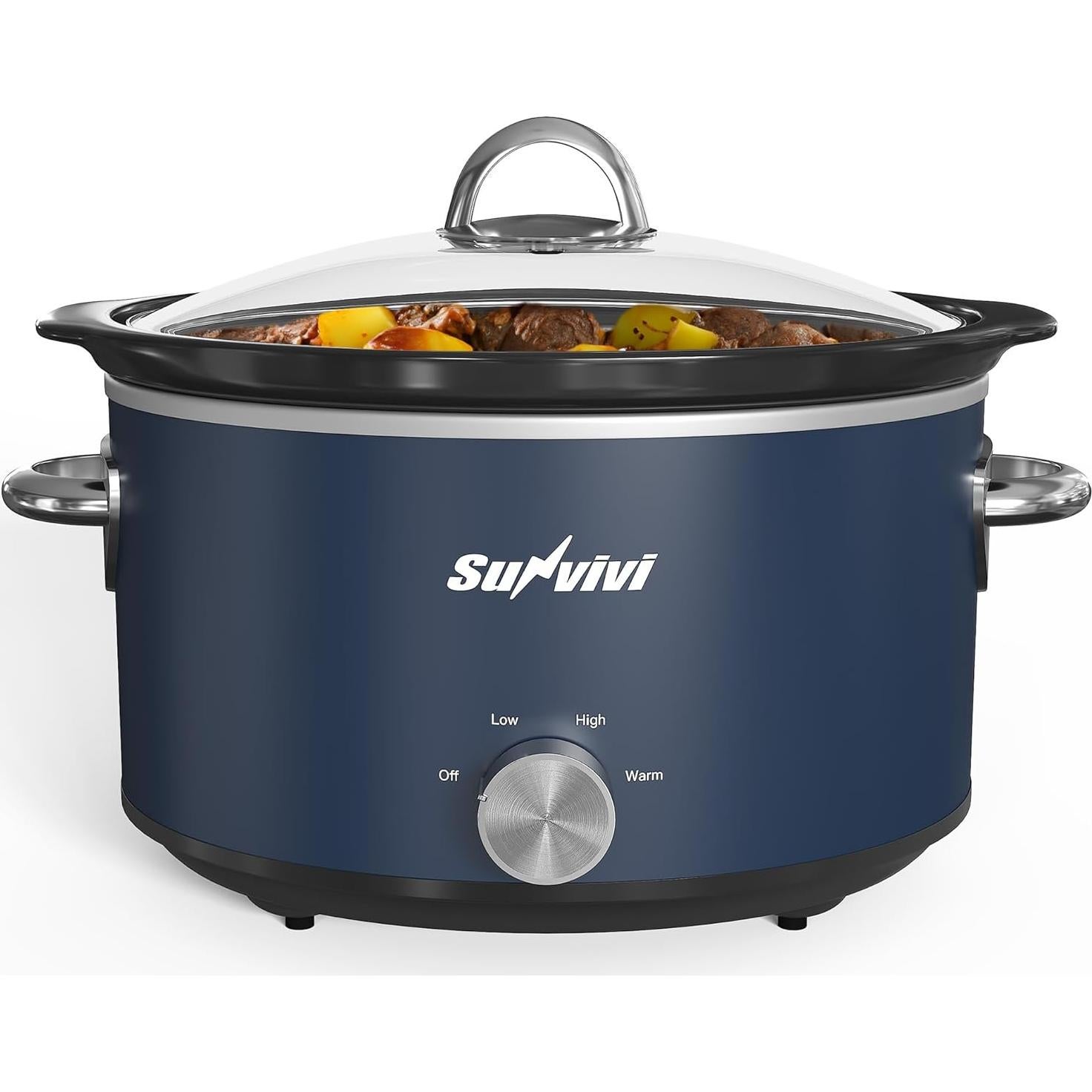 Olla de Cocción Lenta SUNVIVI 4 Cuartos Azul con Tapa de Vidrio