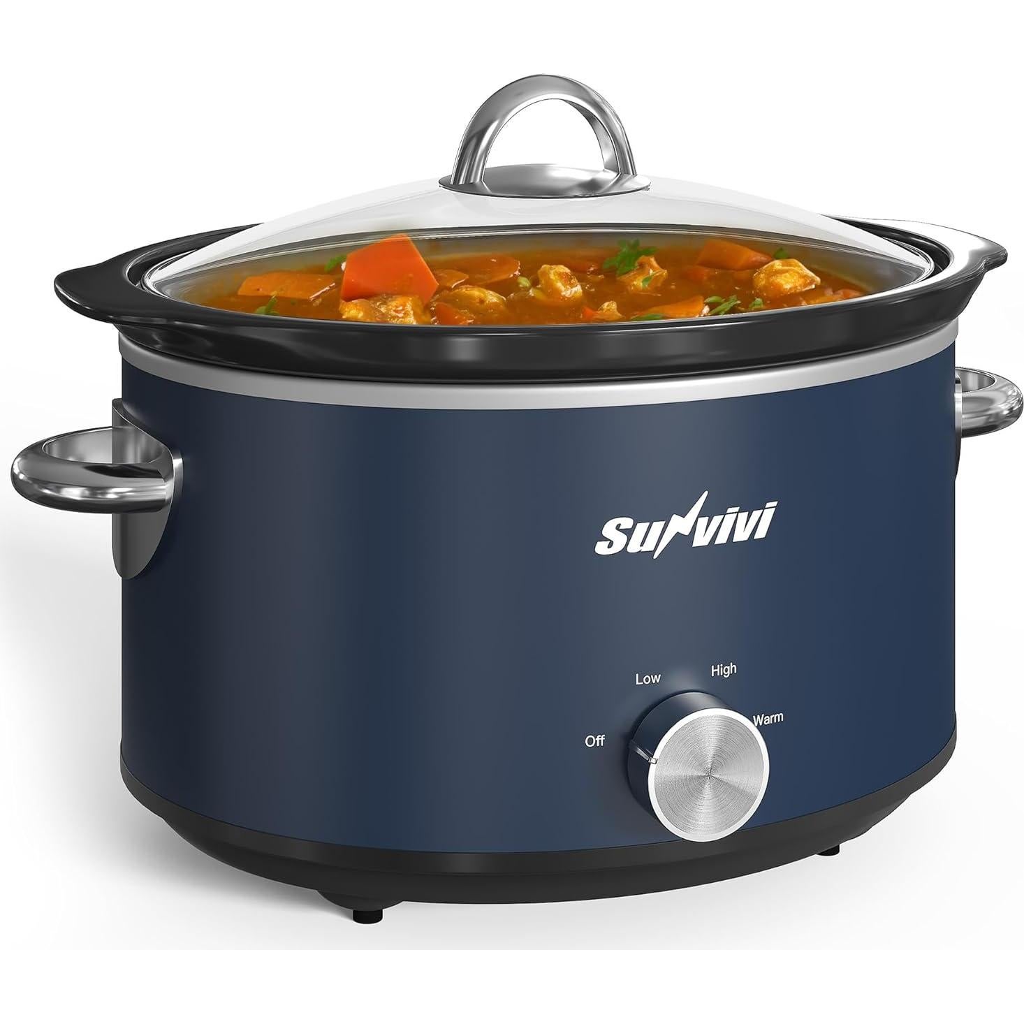 Olla de Cocción Lenta SUNVIVI 4 Cuartos Azul con Tapa de Vidrio