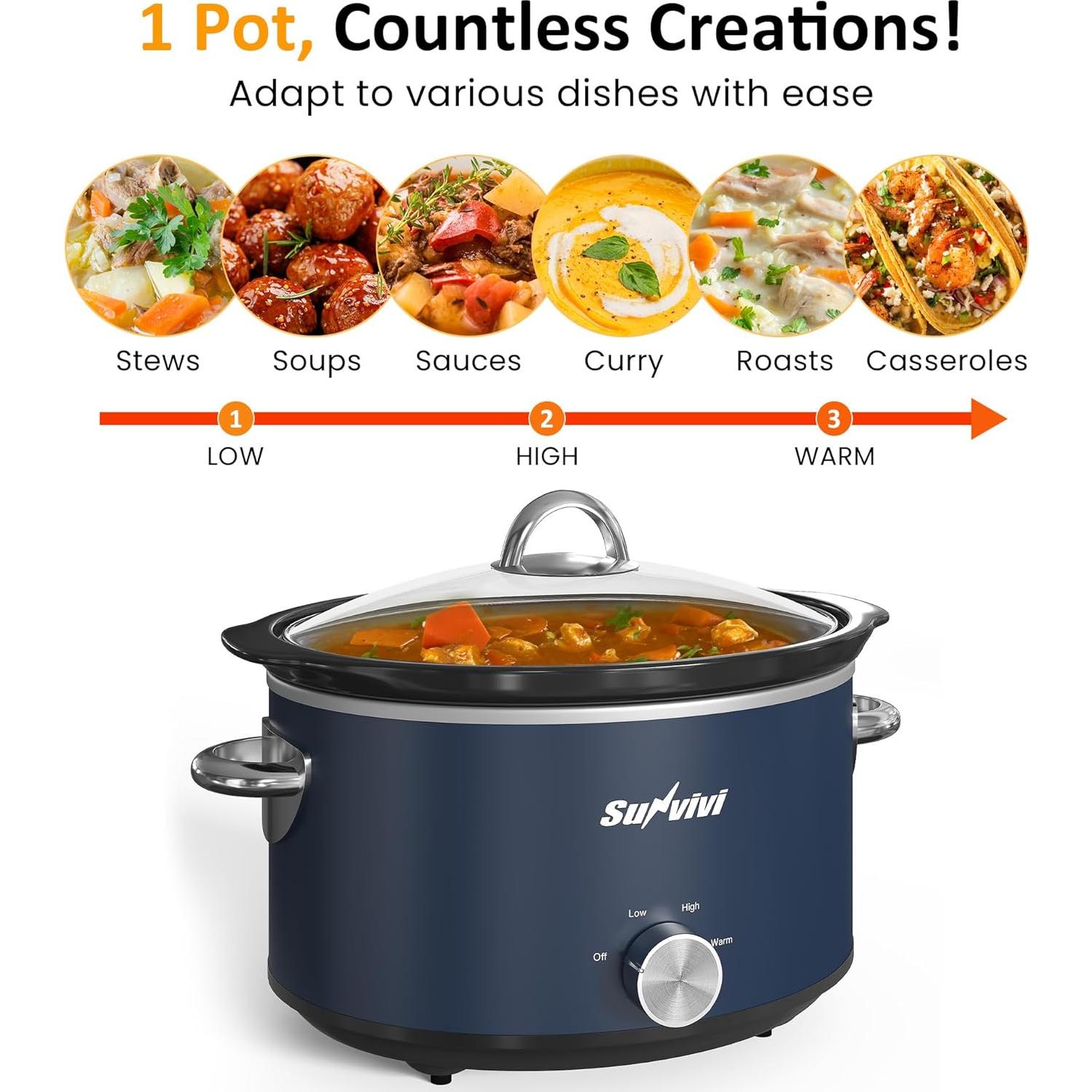Olla de Cocción Lenta SUNVIVI 4 Cuartos Azul con Tapa de Vidrio