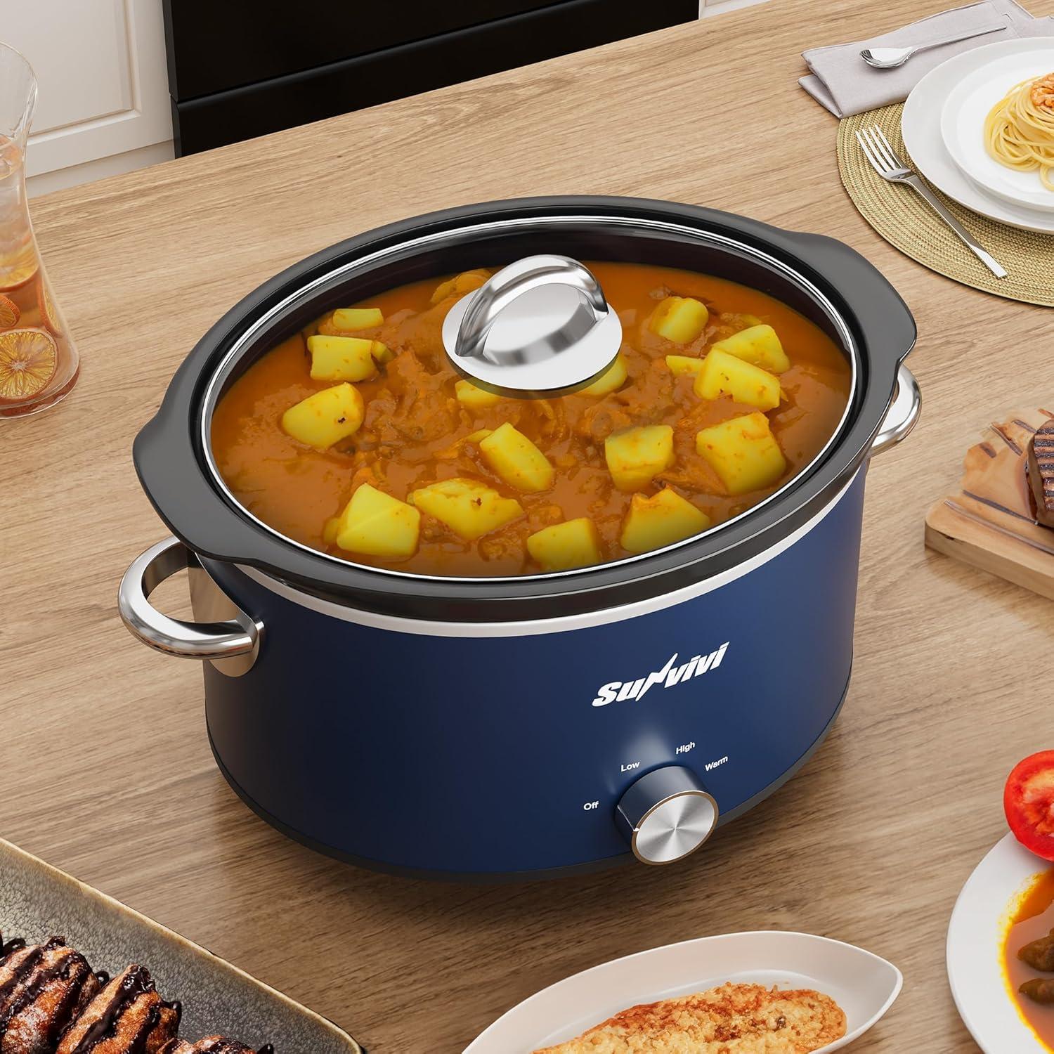 Olla de Cocción Lenta SUNVIVI 4 Cuartos Azul con Tapa de Vidrio