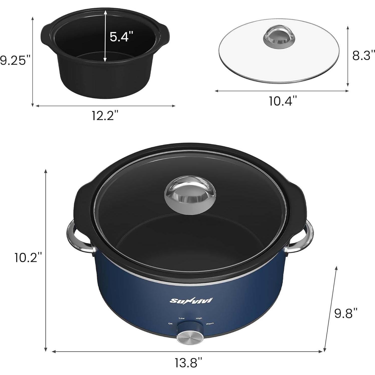 Olla de Cocción Lenta SUNVIVI 4 Cuartos Azul con Tapa de Vidrio